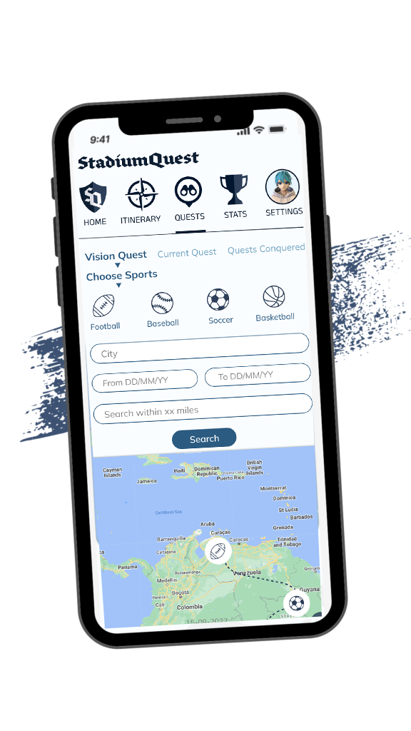 StadiumQuest app: search quests by sport, city, and dates
