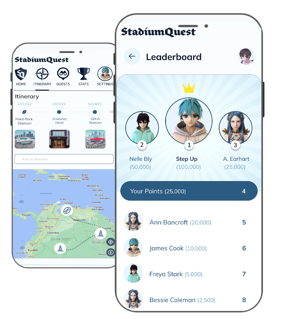StadiumQuest app: itinerary and leaderboard with points
