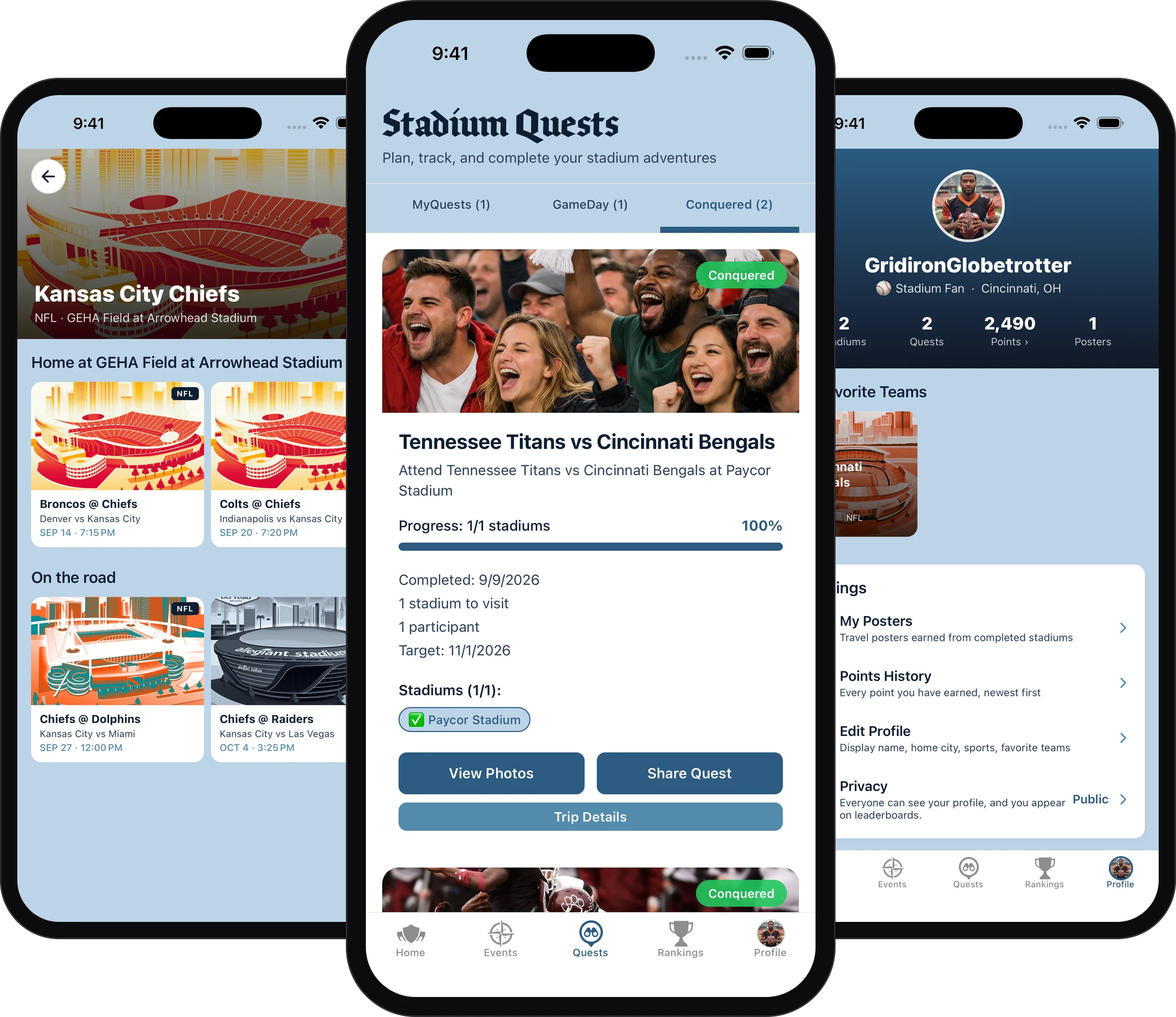 Three StadiumQuest app screens: a team page, a conquered quest with fan photos, and a profile