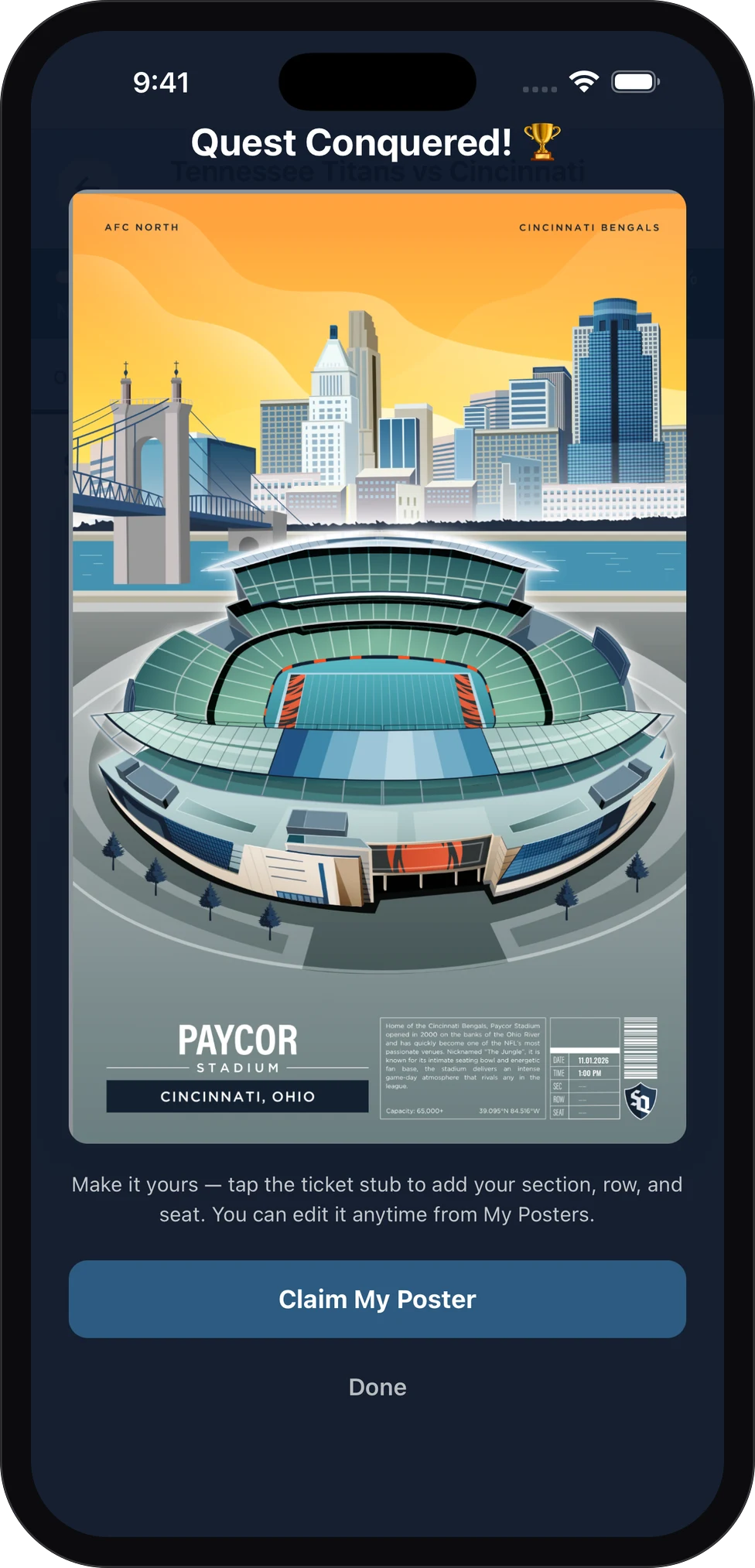 StadiumQuest app: Quest Conquered at Paycor Stadium with its collector print