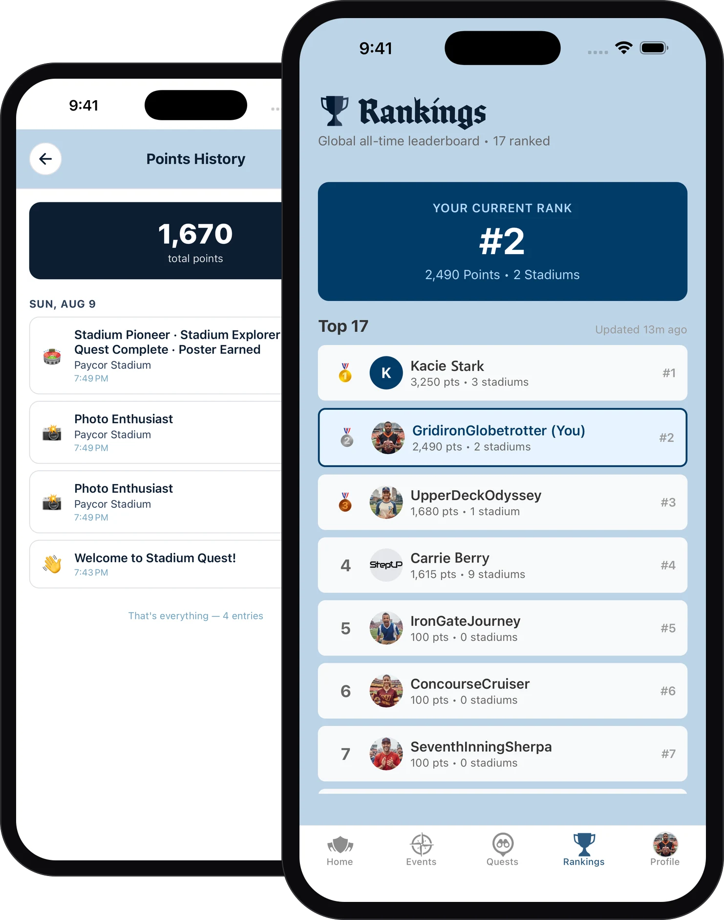 StadiumQuest app: the global Rankings leaderboard and a Points History