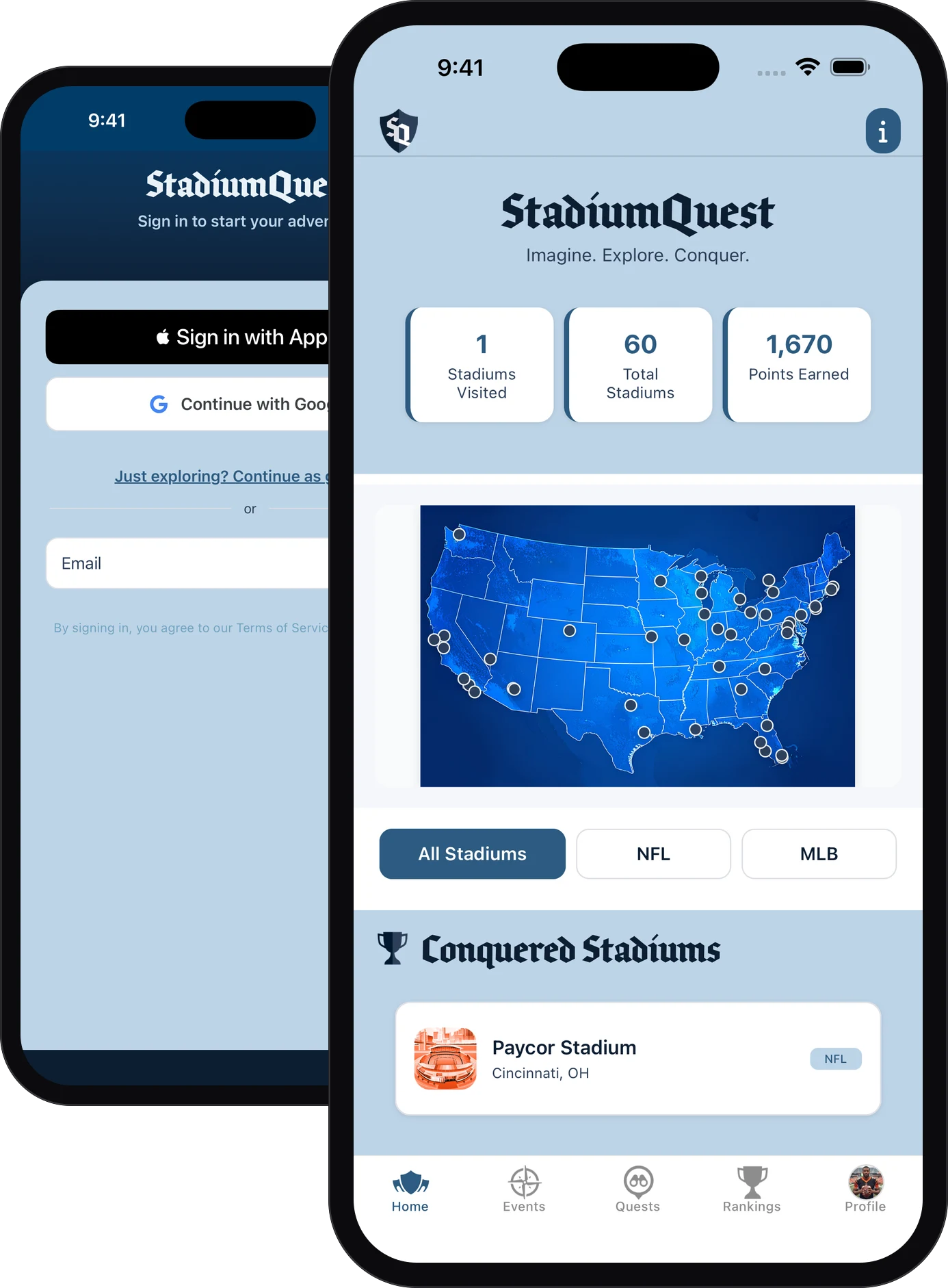 StadiumQuest app: the sign-in screen and the Home map of conquered stadiums