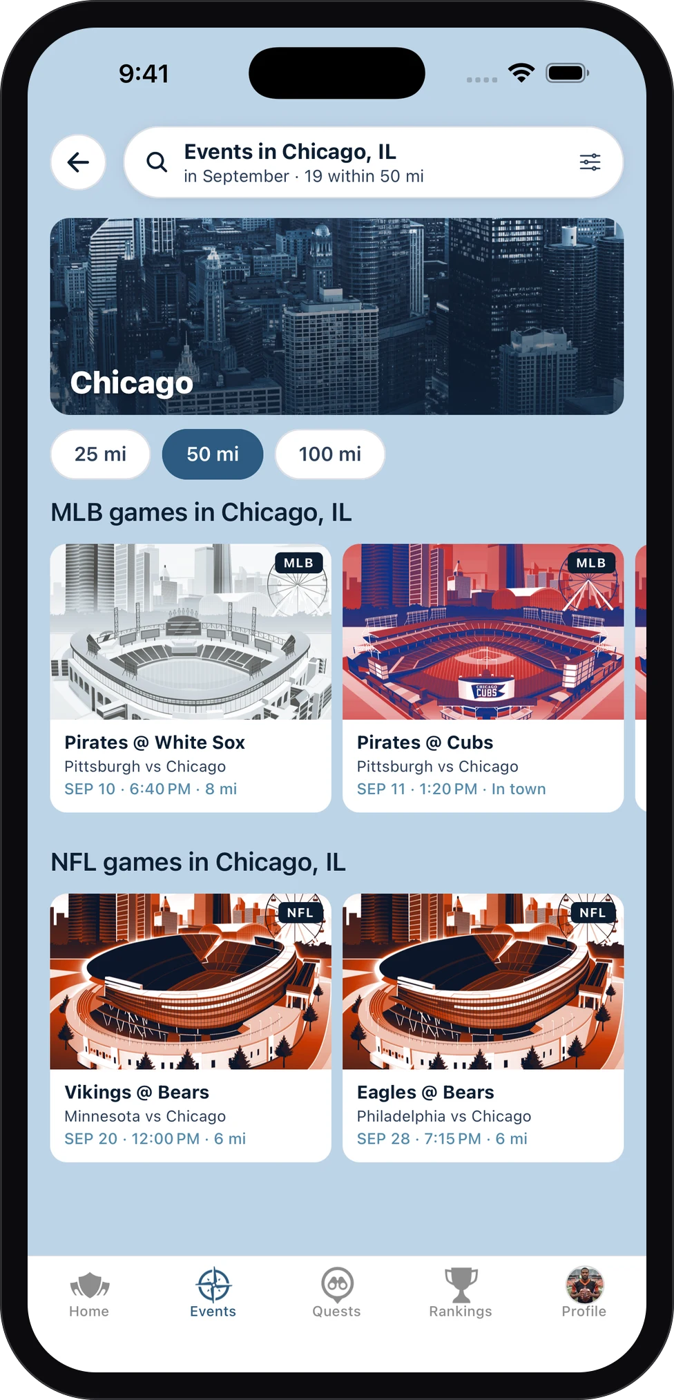 StadiumQuest app: MLB and NFL games in Chicago, filtered by distance