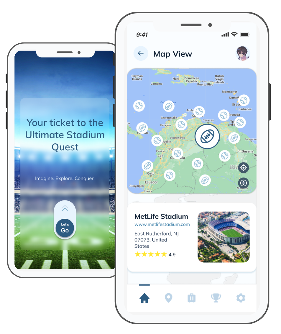 StadiumQuest app showing the quest map and a stadium card
