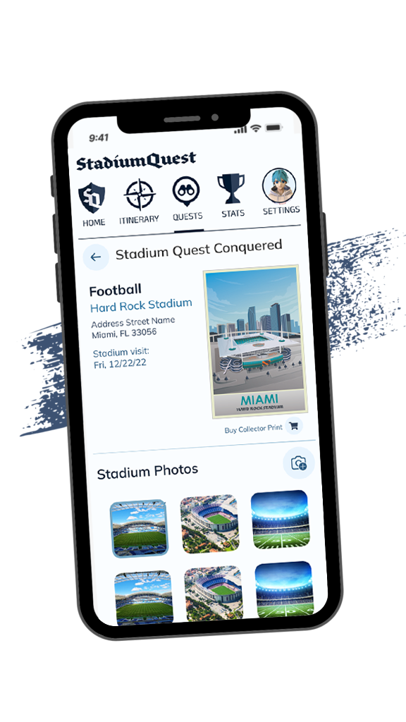 StadiumQuest app: a conquered stadium with its Miami collector print
