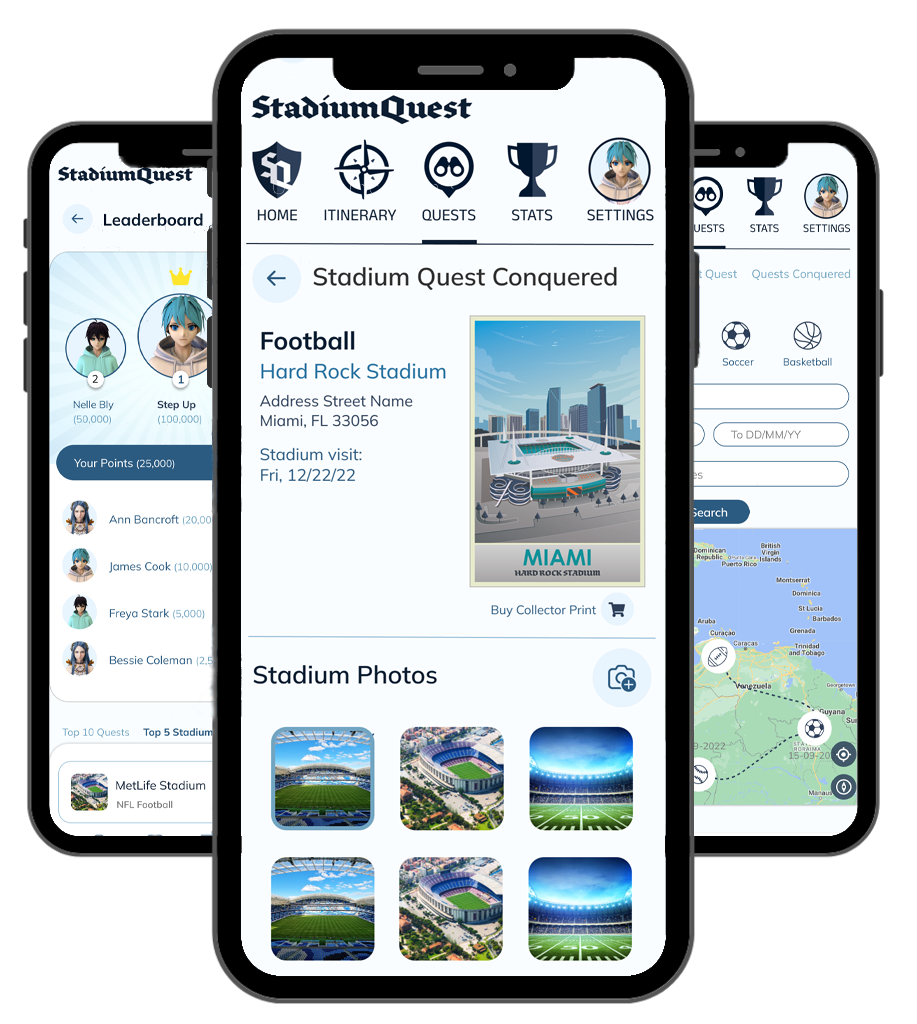 Three StadiumQuest app screens: leaderboard, conquered stadiums, and quest search